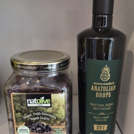 özel seri natolive organik siyah zeytin 1kg cam şişe ve 750ml anatolian drops naturel sızma zeytinyağı extra virgin